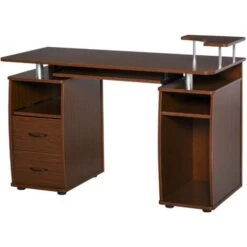 HOMCOM Scrivania Porta PC In Legno Con Cassetti E Porta Tastiera Casa E Ufficio Marrone Noce
