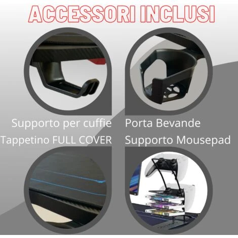 Scrivania Gaming Salvaspazio Porta Pc Ergonomica Multiaccessoriata Con LED 120x61x73 Cm - Black - Black 2 Scrivania Gaming Salvaspazio Porta Pc Ergonomica Multiaccessoriata Con LED 120x61x73 Cm - Black - Black - immagine 2