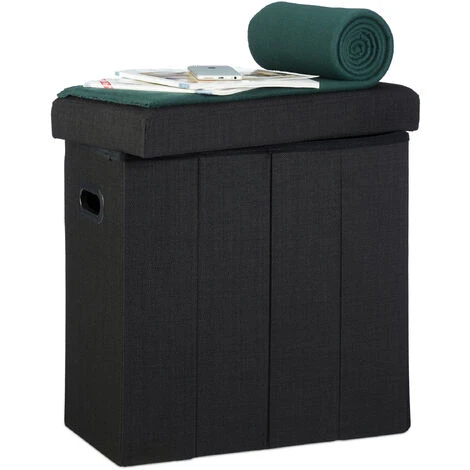 Relaxdays Sgabello Pieghevole, HxLxP: 49,5x46x25,5 Cm, Pouf Contenitore, Lino, Poliestere, Legno MDF, Colore Nero 1 Relaxdays Sgabello Pieghevole, HxLxP: 49,5x46x25,5 Cm, Pouf Contenitore, Lino, Poliestere, Legno MDF, Colore Nero