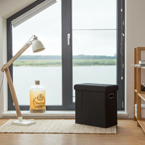 Relaxdays Sgabello Pieghevole, HxLxP: 49,5x46x25,5 Cm, Pouf Contenitore, Lino, Poliestere, Legno MDF, Colore Nero 2 Relaxdays Sgabello Pieghevole, HxLxP: 49,5x46x25,5 Cm, Pouf Contenitore, Lino, Poliestere, Legno MDF, Colore Nero - immagine 2