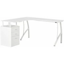 HOMCOM Scrivania Angolare Con Cassettiera, Scrivania Ufficio Porta PC In Legno E Metallo, Bianco, 143.5x143.5x76cm