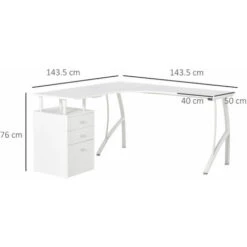 HOMCOM Scrivania Angolare Con Cassettiera, Scrivania Ufficio Porta PC In Legno E Metallo, Bianco, 143.5x143.5x76cm -Armonia Casa 32175680 3