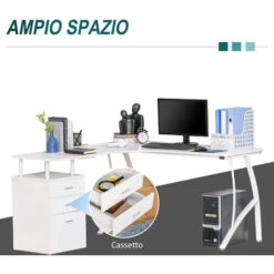 HOMCOM Scrivania Angolare Con Cassettiera, Scrivania Ufficio Porta PC In Legno E Metallo, Bianco, 143.5x143.5x76cm -Armonia Casa 32175680 4