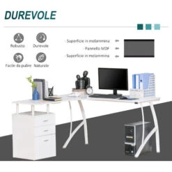 HOMCOM Scrivania Angolare Con Cassettiera, Scrivania Ufficio Porta PC In Legno E Metallo, Bianco, 143.5x143.5x76cm -Armonia Casa 32175680 5