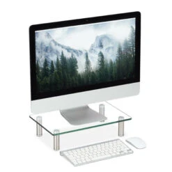 Relaxdays Supporto Monitor, Alzatina Per TV, Standing Computer Desk, Rialzo Scrivania, Regolabile, 38,5x24, Trasparente