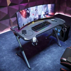 SIRHONA Gaming Desk RGB Con LED - Progettato Per Giocare, Nero 120x60x75 Cm Tavolo Da Gioco Con Portabicchieri E Gancio Per Cuffie