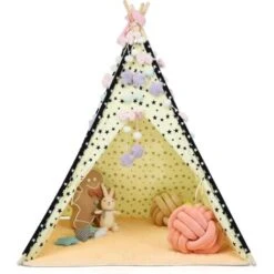 COSTWAY Tenda Da Gioco Indiana Per Bambini, Tenda Teepee Pieghevole Con Finestra, Capanna In Cotone Naturale Con Tappetino, Tenda Da Interno Ed Esterno Per Bambini
