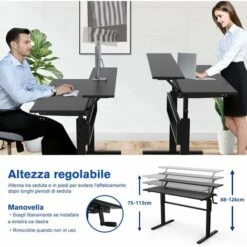 COSTWAY Scrivania Regolabile In Altezza, Scrivania Per Computer Laptop, Con Manovella, Scrivania Moderna In Acciaio E Legno, Con 2 Ripiani, Nero -Armonia Casa 34725751 3