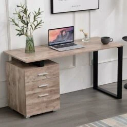 Scrivania Con Cassettiera Tavolo Porta Pc Computer Acciaio Legno Ufficio Quercia