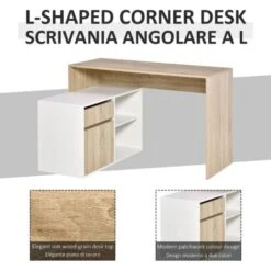 HOMCOM Scrivania Salvaspazio Angolare, Per Computer In Legno, Rovere E Bianco -Armonia Casa 36606838 4