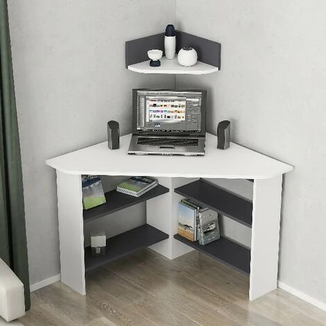 Scrivania Tuzzy - Angolare Salvaspazio - Con Ripiani, Mensola - Da Studio, Camera - Bianco, Antracite In Legno, 90 X 90 X 74 Cm 4 Scrivania Tuzzy - Angolare Salvaspazio - Con Ripiani, Mensola - Da Studio, Camera - Bianco, Antracite In Legno, 90 X 90 X 74 Cm - immagine 4