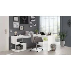 Dmora Scrivania Ad Angolo Per Ufficio E Studio Con Scaffale, Made In Italy, Tavolo Da Computer, Scrittoio Porta PC, Cm 160x60h78, Colore Bianco Lucido, Con Imballo Rinforzato