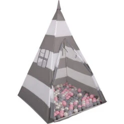 Selonis Tenda Indiana Tipi Gioco Per Bambini Con 100 Palline Colorate, Righe Grigio-Bianco:Perla/Grigio/Trasp/Rosa Chiaro