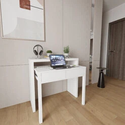 Scrivania Allungabile Con 2 Cassetti Tavolo Consolle Estensibile Studio Salvaspazio Con Ripiano Ideale Disegno Soggiorno Camera Salotto Ingresso Corridoio 99 X 88 X 36 Cm (Bianco) -Armonia Casa 39696589 4