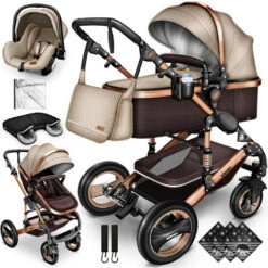 KIDUKU® 3 In 1 Passeggino Completo Trio - Marrone Passeggino Sistema Combinato Con Navicella Ovetto Seggiolino Auto Coprigambe Pneumatici In Gomma Dura Borsa Fasciatoio Parapioggia Tavolo Per Bambin