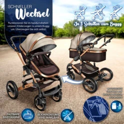 KIDUKU® 3 In 1 Passeggino Completo Trio - Marrone Passeggino Sistema Combinato Con Navicella Ovetto Seggiolino Auto Coprigambe Pneumatici In Gomma Dura Borsa Fasciatoio Parapioggia Tavolo Per Bambin -Armonia Casa 41586638 5