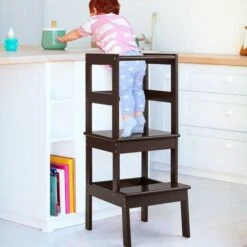 Sgabello Scala A 2 Gradini, Sgabello Per Bambini Con Barriera Di Protezione, Scaletta Con Buona Capacità Portante, Di Legno Di Pino, 36x40x90 Cm (Marrone) -Armonia Casa 43539061 3