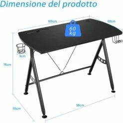 Scrivania Da Gaming 105 Cm, Tavolo Per Computer Con Porta Bicchiere E Gancio Per Cuffie, Postazione Da Gaming A Forma Di Y Con Foro Per Cavi, Nero -Armonia Casa 43905646 5