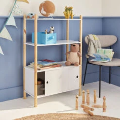 Scaffale Per Bambini - TOBIAS - Due Ante Scorrevoli, Legno Massello In Pino Naturale Bianco 70X30X106,5CM -Armonia Casa 45059649 4