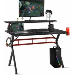 Scrivania Da Gaming Tavolo Per Computer Ergonomico, Con Mensola Porta Bicchiere E Gancio Per Cuffie, 120 X 64 X 97 Cm, Nero