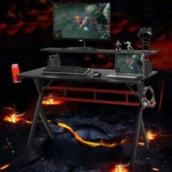 Scrivania Da Gaming Tavolo Per Computer Ergonomico, Con Mensola Porta Bicchiere E Gancio Per Cuffie, 120 X 64 X 97 Cm, Nero -Armonia Casa 46386493 3