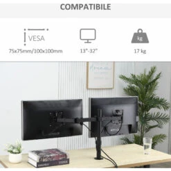 Vinsetto Doppio Supporto Monitor Per Scrivania, Altezza, Inclinazione E Orientamento Regolabili, Monitor 13-32'' - Nero -Armonia Casa 48378280 4