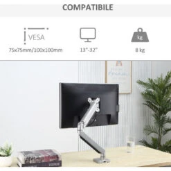 Vinsetto Supporto Monitor Da 13-32'' In Alluminio Regolabile In Altezza E Inclinazione, Orientamento Verticale/Orizzontale - Argento -Armonia Casa 48390580 4