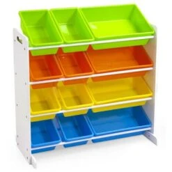 Scaffale In Legno 4 Piani Con 12 Cestoni Porta Giocattoli