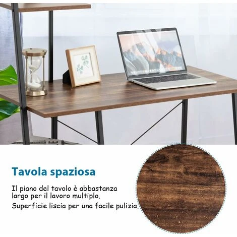 COSTWAY Scrivania Per Computer Con 4 Mensole, Scrivania Con Cuscinetti Regolabili E Libreria, Stile Industriale, Struttura In Metallo E Legno, Marrone 2 COSTWAY Scrivania Per Computer Con 4 Mensole, Scrivania Con Cuscinetti Regolabili E Libreria, Stile Industriale, Struttura In Metallo E Legno, Marrone - immagine 2