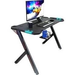 Scrivania Gaming Desk Postazione Computer PC Con LED Completa Di Accessori Tavolo Studio Salvaspazio Con Piedini Regolabili Disegno Soggiorno Camera Gamer Rockstone 120 X 61 X 73 Cm Nero
