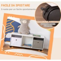 HOMCOM Mobiletto Portagiochi Per Bambini 3-12 Anni Con Ruote E Salvaspazio, 90x30x37.9cm, Bianco -Armonia Casa 51030505 5