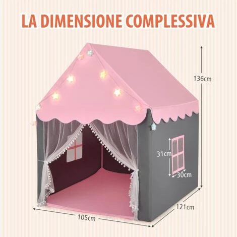 COSTWAY Tenda Da Gioco Per Bambini, Tenda Castello Con Tappetino Lavabile, Luci A Forma Di Stella, Per Interno Ed Esterno, 105 X 121 X 136 Cm 4 COSTWAY Tenda Da Gioco Per Bambini, Tenda Castello Con Tappetino Lavabile, Luci A Forma Di Stella, Per Interno Ed Esterno, 105 X 121 X 136 Cm - immagine 4