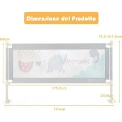 COSTWAY Barriera Letto Per Bambini, Sponda Di Sicurezza Con Doppio Blocco Di Sicurezza Per Bambini, Con Sollevamento Verticale, Lunghezza 174 Cm (Grigio) -Armonia Casa 51604842 5