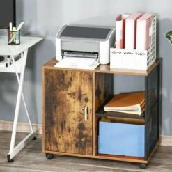 Mobile Mobiletto Stampante Legno MDF E Metallo 3 Ripiani + Anta Design Moderno