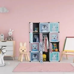 Relaxdays Scaffale Componibile Da Cameretta, 8 Scomparti, Disegni Di Animali, Con Asta Appendiabiti, 145x109x37 Cm, Nero -Armonia Casa 51983915 2