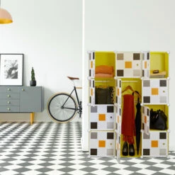 Relaxdays Scaffale Componibile, 8 Scomparti 2 Aste Appendiabiti, Guardaroba, HxLxP: 145x110x37 Cm, Giallo Multicolore -Armonia Casa 51983933 5