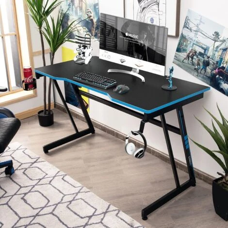 COSTWAY Scrivania Da Gaming 120 Cm, Tavolo Ergonomico Per Computer A Forma Di Z, Con Gancio Regolabile Per Cuffie, Porta Bicchiere, Ideale Per Casa E Ufficio (Blu) 2 COSTWAY Scrivania Da Gaming 120 Cm, Tavolo Ergonomico Per Computer A Forma Di Z, Con Gancio Regolabile Per Cuffie, Porta Bicchiere, Ideale Per Casa E Ufficio (Blu) - immagine 2