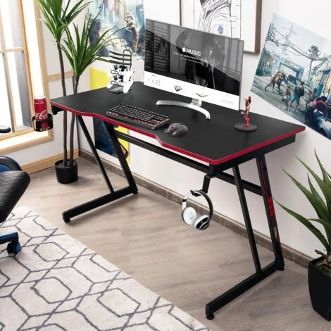 COSTWAY Scrivania Da Gaming 120 Cm, Tavolo Ergonomico Per Computer A Forma Di Z, Con Gancio Regolabile Per Cuffie, Porta Bicchiere, Ideale Per Casa E Ufficio (Rosso) 2 COSTWAY Scrivania Da Gaming 120 Cm, Tavolo Ergonomico Per Computer A Forma Di Z, Con Gancio Regolabile Per Cuffie, Porta Bicchiere, Ideale Per Casa E Ufficio (Rosso) - immagine 2