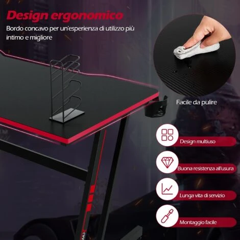 COSTWAY Scrivania Da Gaming 120 Cm, Tavolo Ergonomico Per Computer A Forma Di Z, Con Gancio Regolabile Per Cuffie, Porta Bicchiere, Ideale Per Casa E Ufficio (Rosso) 4 COSTWAY Scrivania Da Gaming 120 Cm, Tavolo Ergonomico Per Computer A Forma Di Z, Con Gancio Regolabile Per Cuffie, Porta Bicchiere, Ideale Per Casa E Ufficio (Rosso) - immagine 4
