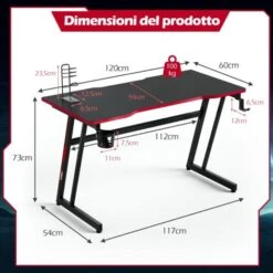 COSTWAY Scrivania Da Gaming 120 Cm, Tavolo Ergonomico Per Computer A Forma Di Z, Con Gancio Regolabile Per Cuffie, Porta Bicchiere, Ideale Per Casa E Ufficio (Rosso) 9 COSTWAY Scrivania Da Gaming 120 Cm, Tavolo Ergonomico Per Computer A Forma Di Z, Con Gancio Regolabile Per Cuffie, Porta Bicchiere, Ideale Per Casa E Ufficio (Rosso) -Armonia Casa 52971018 5