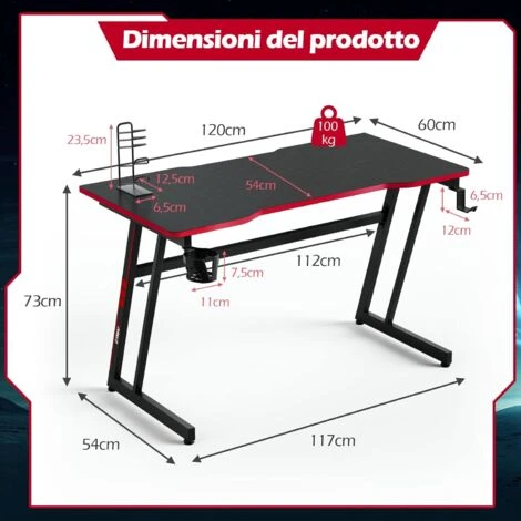 COSTWAY Scrivania Da Gaming 120 Cm, Tavolo Ergonomico Per Computer A Forma Di Z, Con Gancio Regolabile Per Cuffie, Porta Bicchiere, Ideale Per Casa E Ufficio (Rosso) 5 COSTWAY Scrivania Da Gaming 120 Cm, Tavolo Ergonomico Per Computer A Forma Di Z, Con Gancio Regolabile Per Cuffie, Porta Bicchiere, Ideale Per Casa E Ufficio (Rosso) - immagine 5
