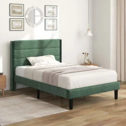 Letto Singolo Con Testiera A Doghe Tessuto Velluto 90 X 200 Cm, Verde Scuro