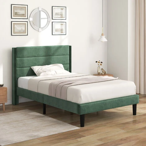 Letto Singolo Con Testiera A Doghe Tessuto Velluto 90 X 200 Cm, Verde Scuro 1 Letto Singolo Con Testiera A Doghe Tessuto Velluto 90 X 200 Cm, Verde Scuro