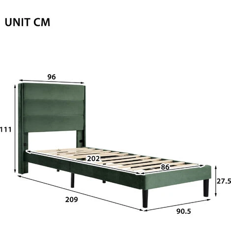 Letto Singolo Con Testiera A Doghe Tessuto Velluto 90 X 200 Cm, Verde Scuro 2 Letto Singolo Con Testiera A Doghe Tessuto Velluto 90 X 200 Cm, Verde Scuro - immagine 2