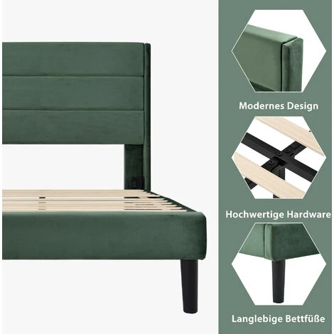 Letto Singolo Con Testiera A Doghe Tessuto Velluto 90 X 200 Cm, Verde Scuro 3 Letto Singolo Con Testiera A Doghe Tessuto Velluto 90 X 200 Cm, Verde Scuro - immagine 3