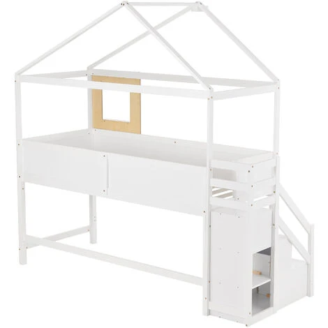 Letto A Castello Soppalco Per Bambini Con Rete A Doghe Scaletta Con 3 Cassetti, 90x200 Cm Bianco 2 Letto A Castello Soppalco Per Bambini Con Rete A Doghe Scaletta Con 3 Cassetti, 90x200 Cm Bianco - immagine 2
