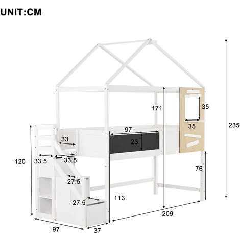 Letto A Castello Soppalco Per Bambini Con Rete A Doghe Scaletta Con 3 Cassetti, 90x200 Cm Bianco 3 Letto A Castello Soppalco Per Bambini Con Rete A Doghe Scaletta Con 3 Cassetti, 90x200 Cm Bianco - immagine 3