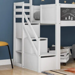 Letto A Castello Soppalco Per Bambini Con Rete A Doghe Scaletta Con 3 Cassetti, 90x200 Cm Bianco 8 Letto A Castello Soppalco Per Bambini Con Rete A Doghe Scaletta Con 3 Cassetti, 90x200 Cm Bianco -Armonia Casa 53602372 4