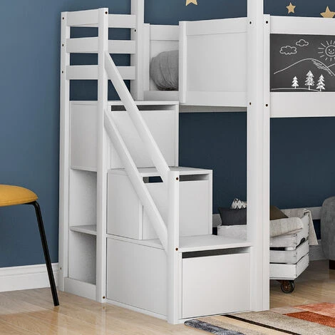 Letto A Castello Soppalco Per Bambini Con Rete A Doghe Scaletta Con 3 Cassetti, 90x200 Cm Bianco 4 Letto A Castello Soppalco Per Bambini Con Rete A Doghe Scaletta Con 3 Cassetti, 90x200 Cm Bianco - immagine 4