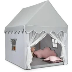 COSTWAY Casetta Per Bambini, Casetta Con Tenda Resistente Struttura In Solido Legno E Tappetino Di Cotone, Con Tenda Porta E Finestra
